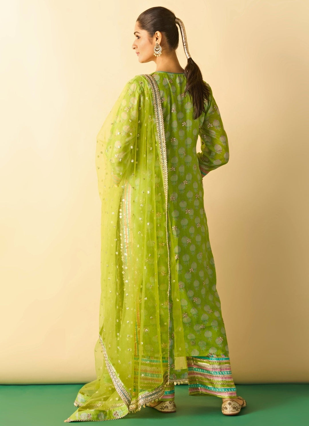 Gopi Vaid Lime Green Printed Cotton Silk Kurta Pants SetFabilicious Fashion