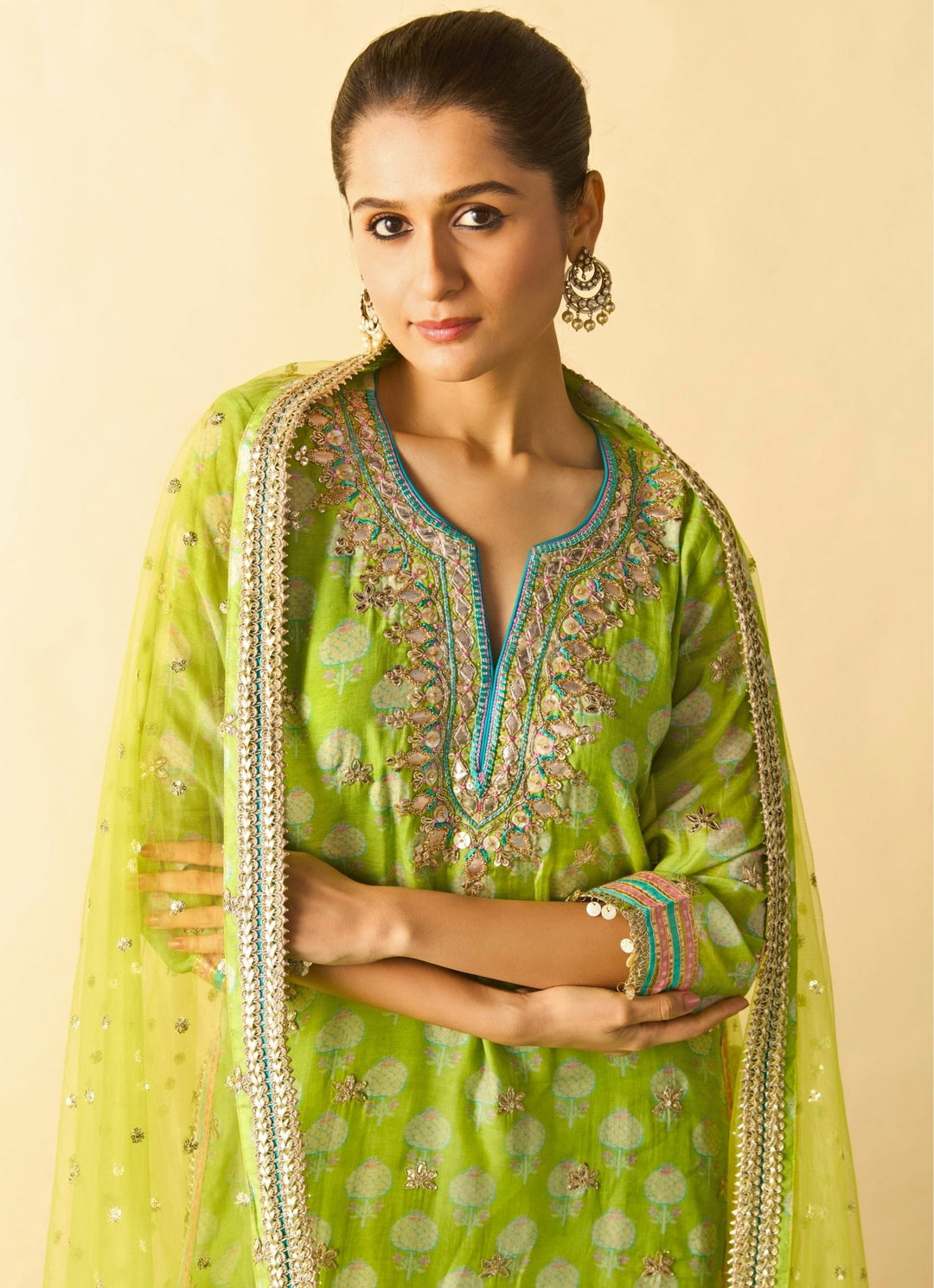 Gopi Vaid Lime Green Printed Cotton Silk Kurta Pants SetFabilicious Fashion