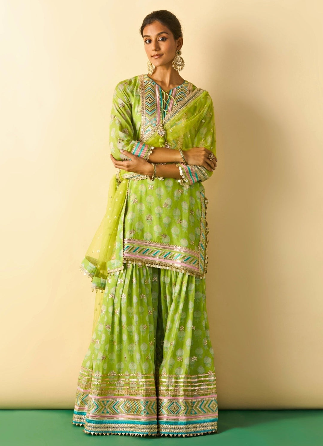 Gopi Vaid Lime Green Printed Cotton Silk Kurta Sharara SetFabilicious Fashion