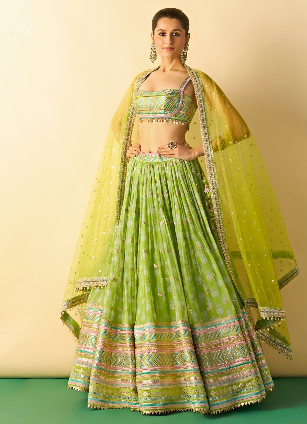 Gopi Vaid Lime Green Printed Cotton Silk Lehenga SetFabilicious Fashion