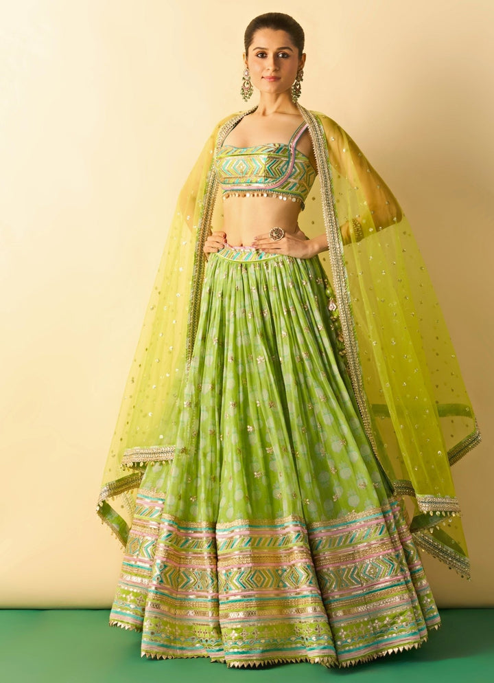 Gopi Vaid Lime Green Printed Cotton Silk Lehenga SetFabilicious Fashion