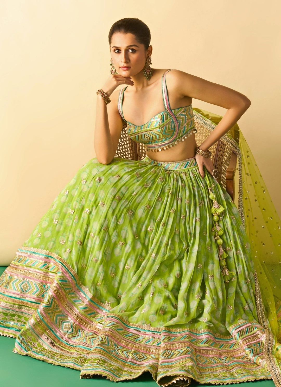 Gopi Vaid Lime Green Printed Cotton Silk Lehenga SetFabilicious Fashion