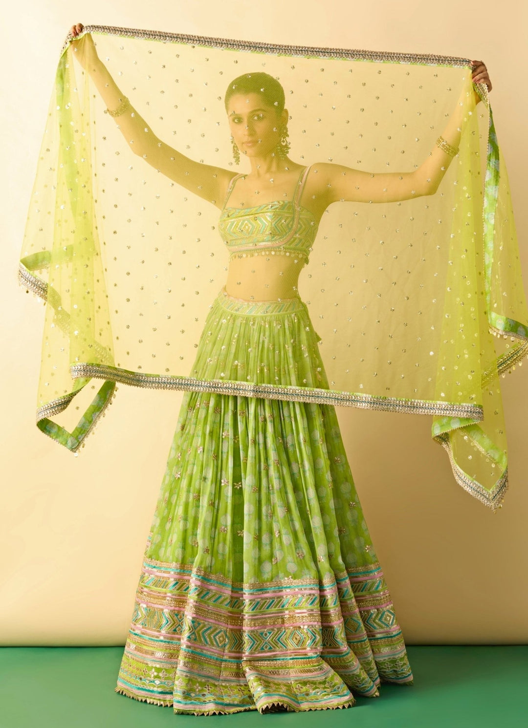 Gopi Vaid Lime Green Printed Cotton Silk Lehenga SetFabilicious Fashion
