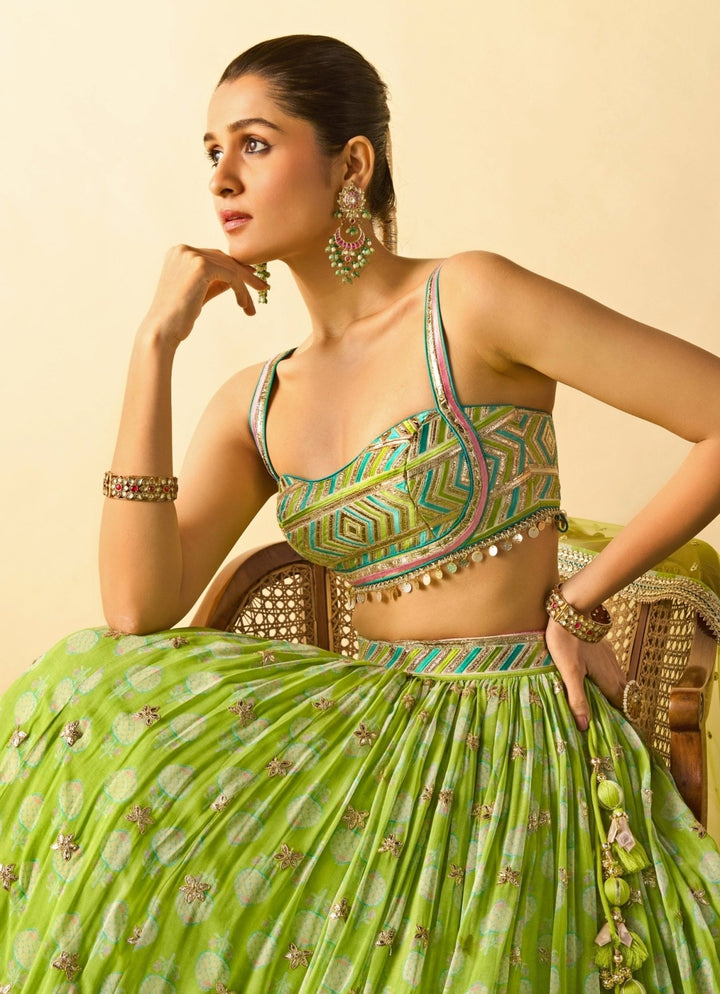 Gopi Vaid Lime Green Printed Cotton Silk Lehenga SetFabilicious Fashion