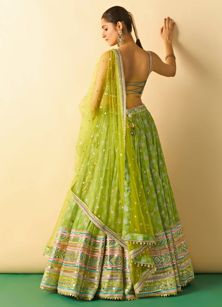 Gopi Vaid Lime Green Printed Cotton Silk Lehenga SetFabilicious Fashion