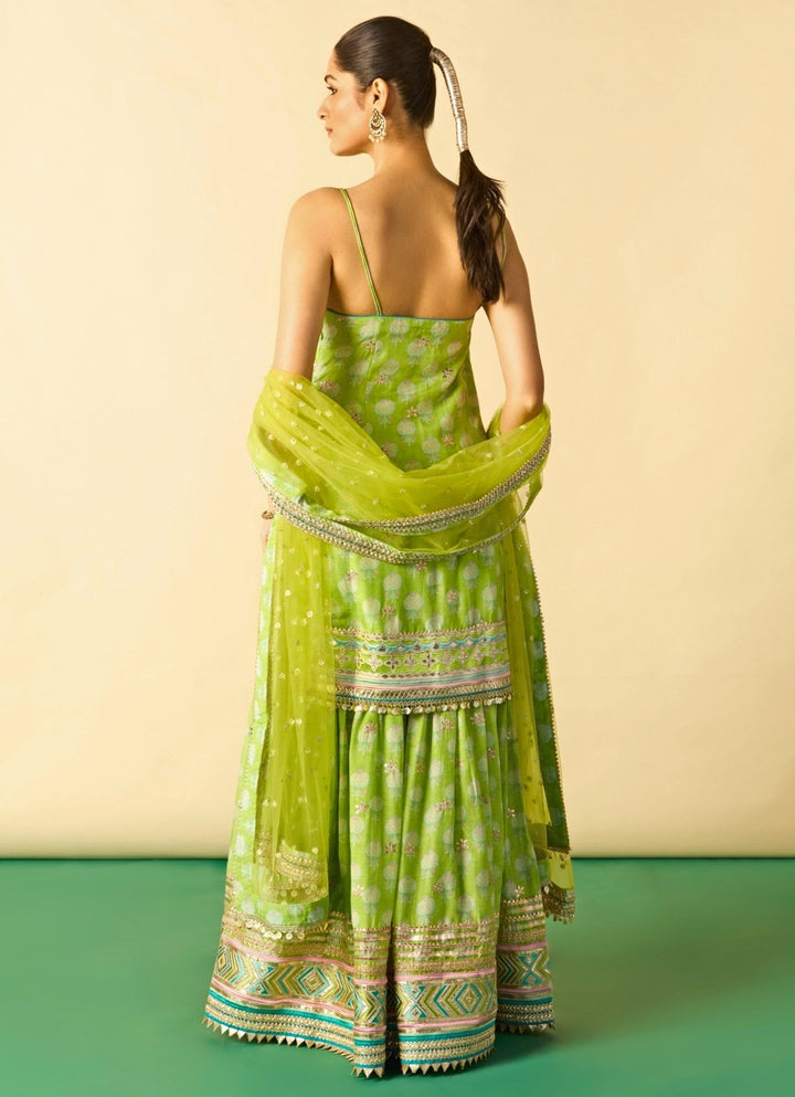 Gopi Vaid Lime Green Printed Cotton Silk Strappy Kurta Sharara SetFabilicious Fashion