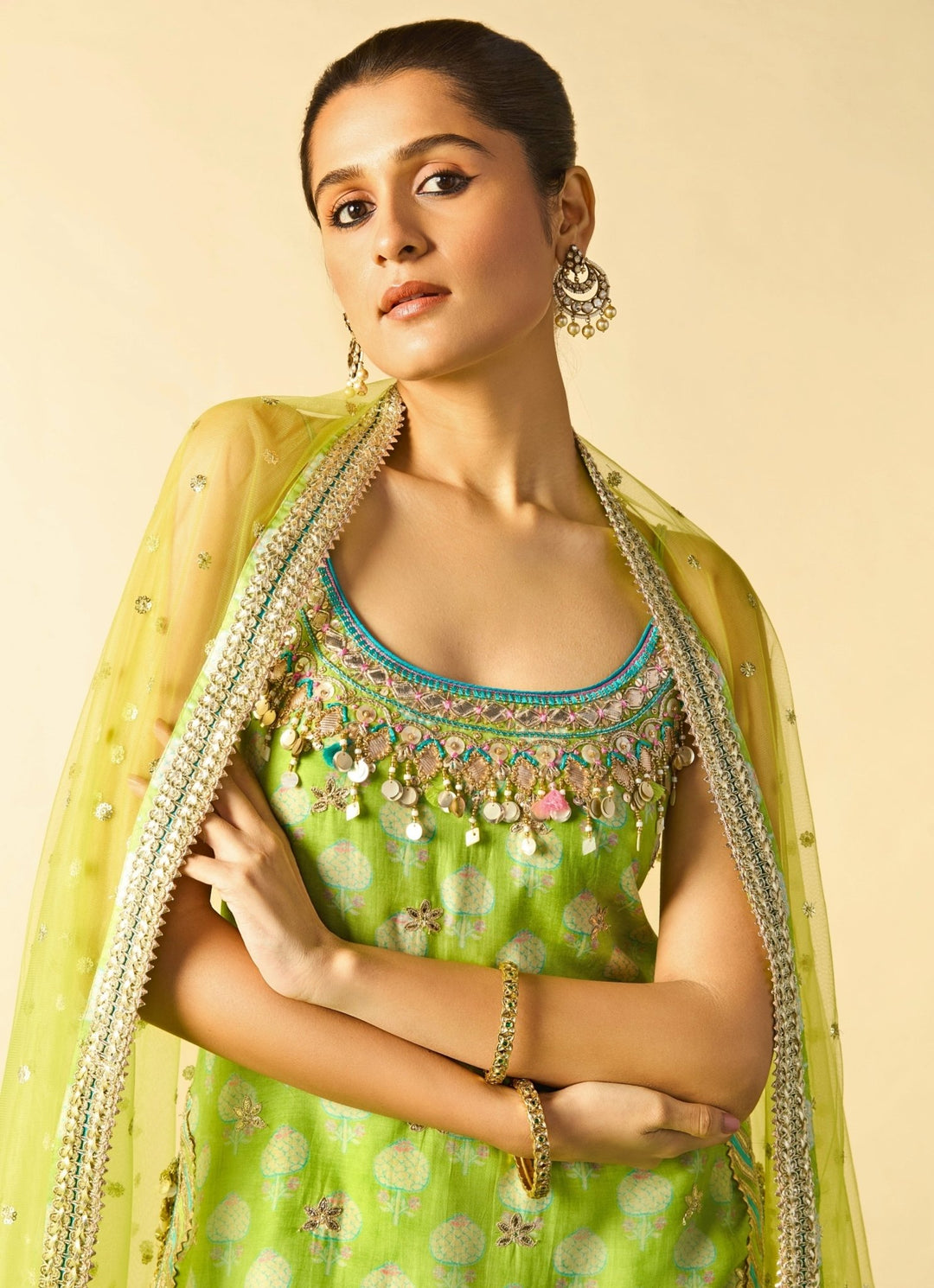 Gopi Vaid Lime Green Printed Cotton Silk Strappy Kurta Sharara SetFabilicious Fashion