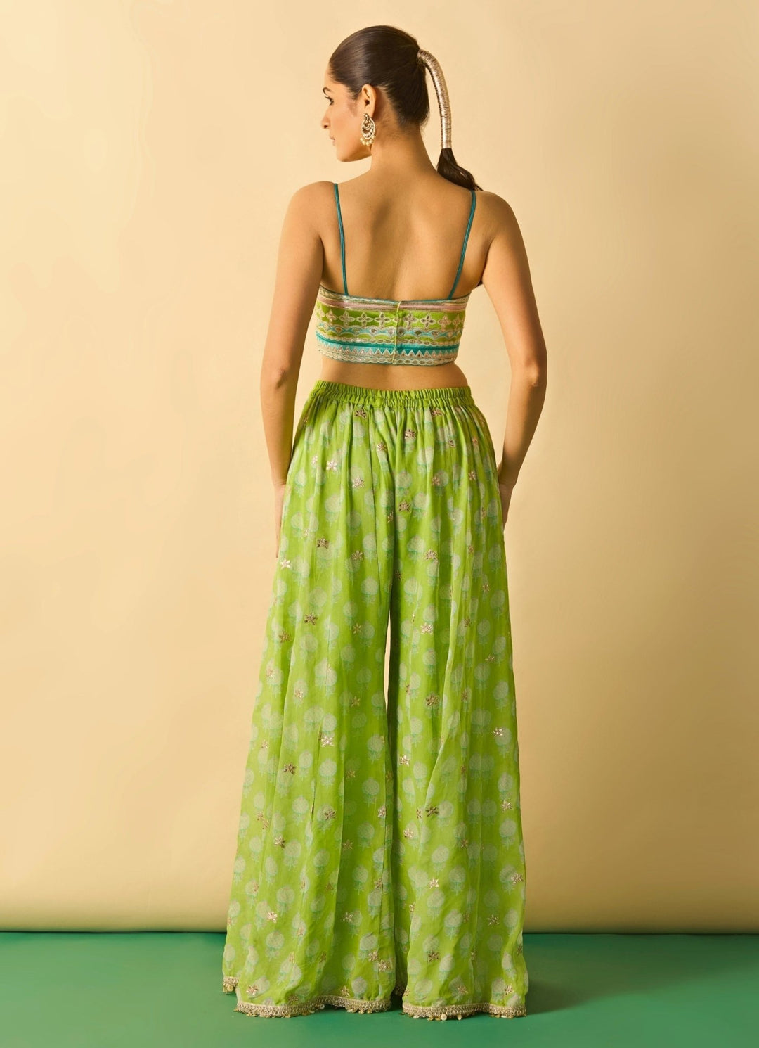 Gopi Vaid Lime Green Printed Georgette Blouse Sharara Set With CapeFabilicious Fashion