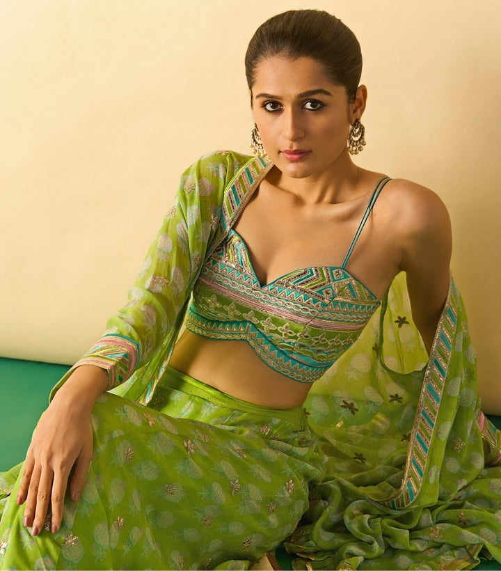 Gopi Vaid Lime Green Printed Georgette Blouse Sharara Set With CapeFabilicious Fashion