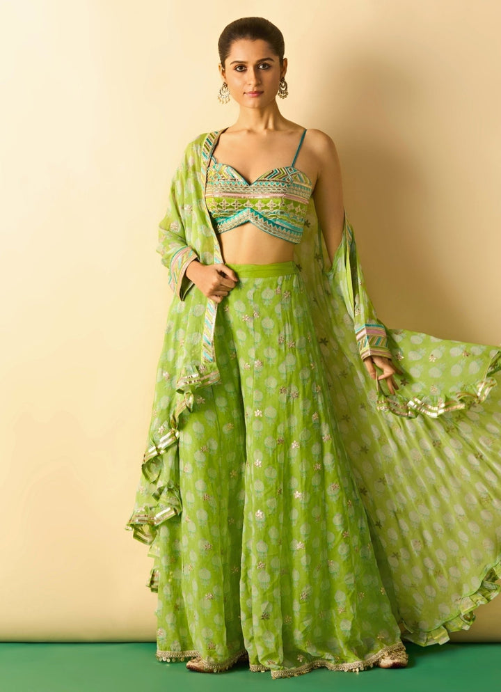 Gopi Vaid Lime Green Printed Georgette Blouse Sharara Set With CapeFabilicious Fashion