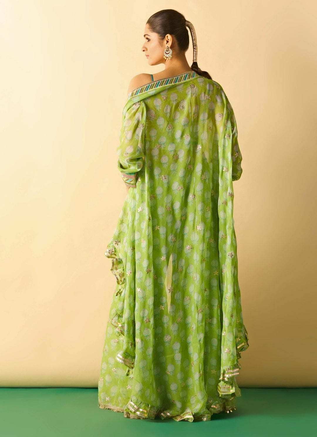Gopi Vaid Lime Green Printed Georgette Blouse Sharara Set With CapeFabilicious Fashion