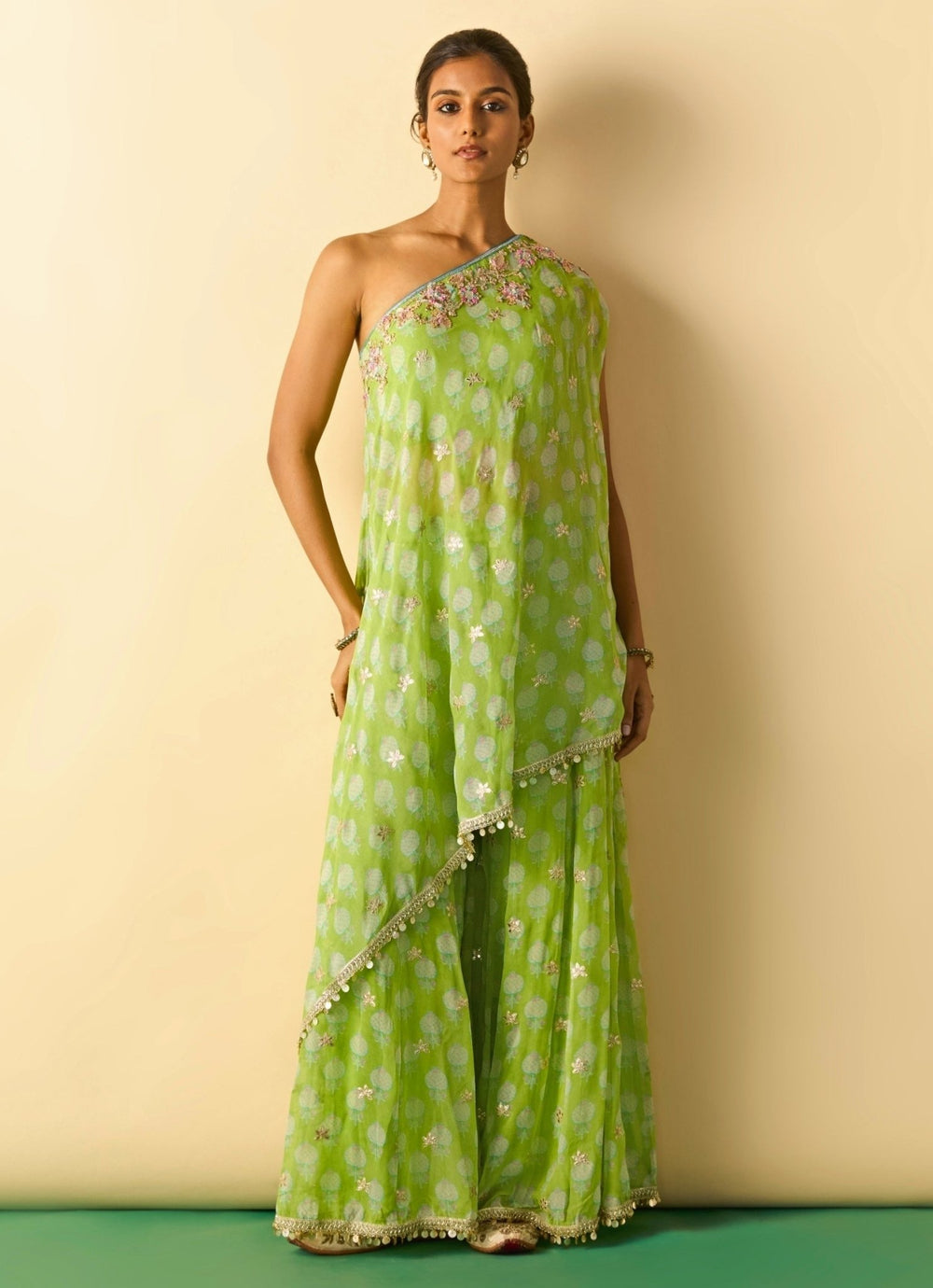 Gopi Vaid Lime Green Printed Georgette One Shoulder Kurta Pants SetFabilicious Fashion