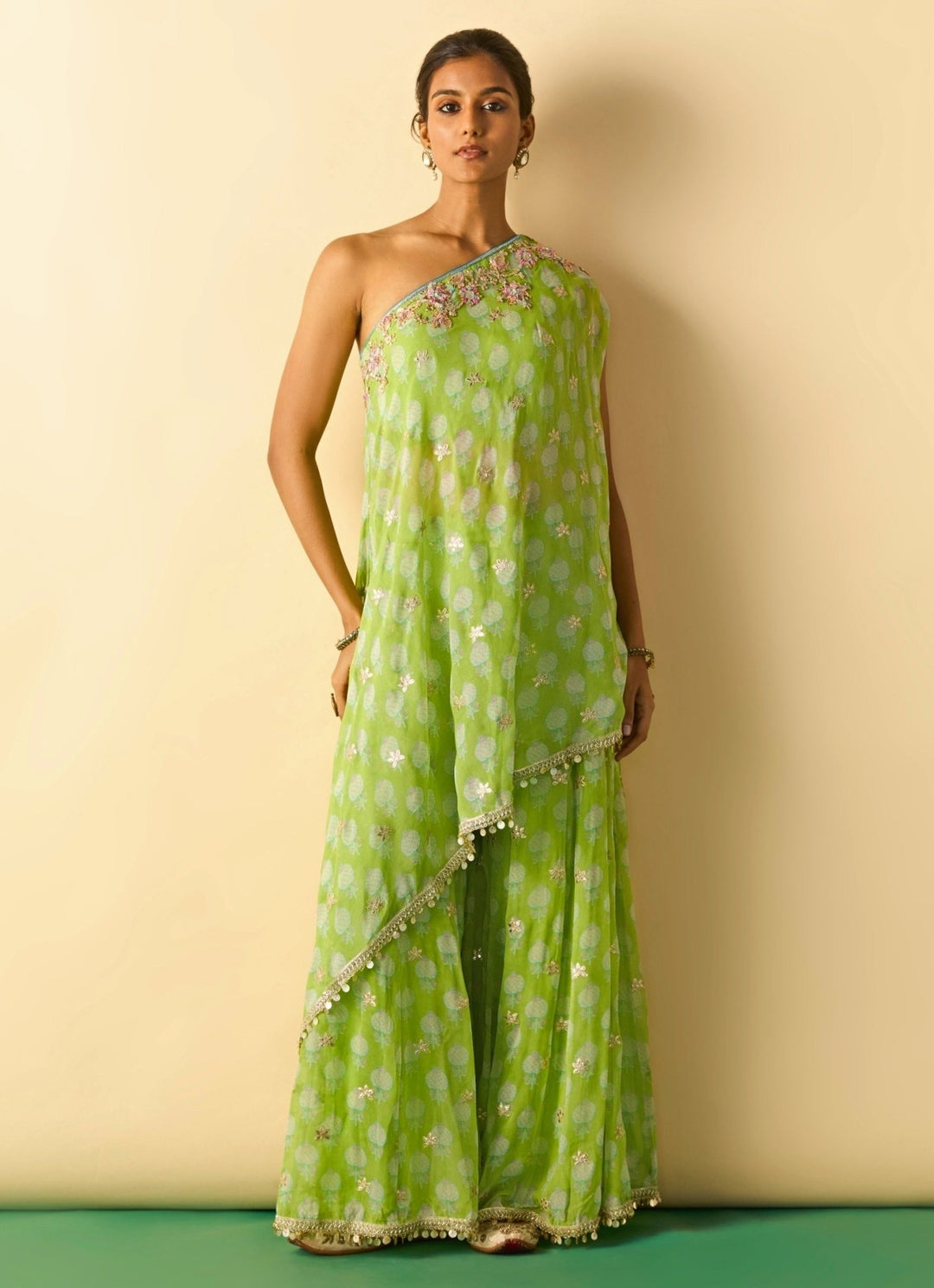 Gopi Vaid Lime Green Printed Georgette One Shoulder Kurta Pants SetFabilicious Fashion