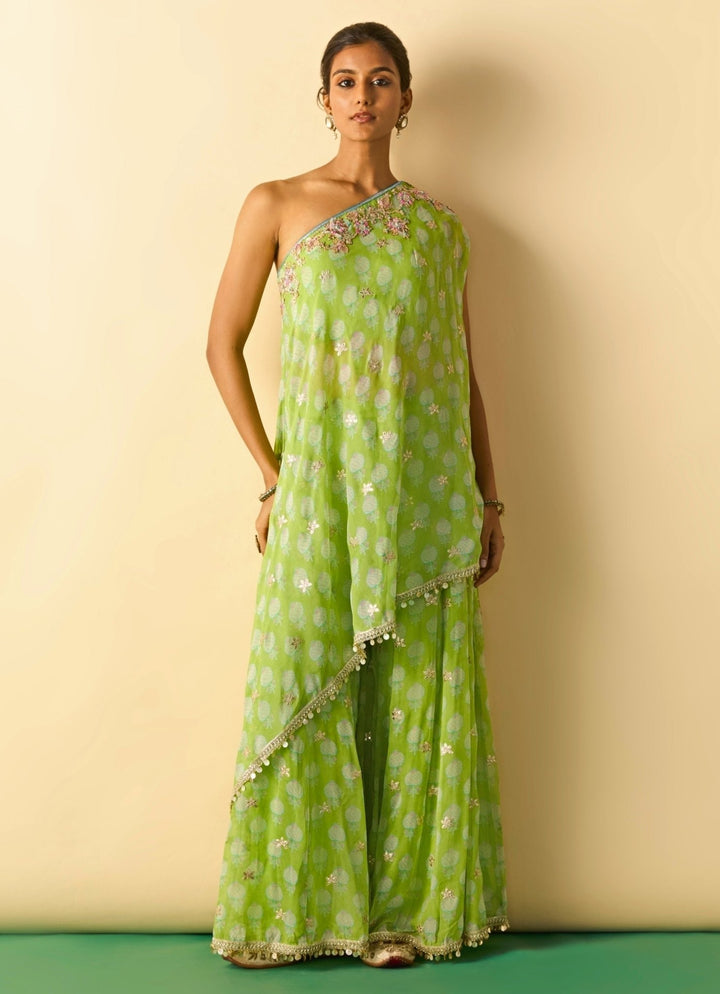 Gopi Vaid Lime Green Printed Georgette One Shoulder Kurta Pants SetFabilicious Fashion