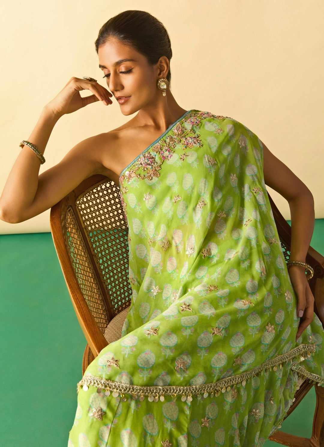 Gopi Vaid Lime Green Printed Georgette One Shoulder Kurta Pants SetFabilicious Fashion