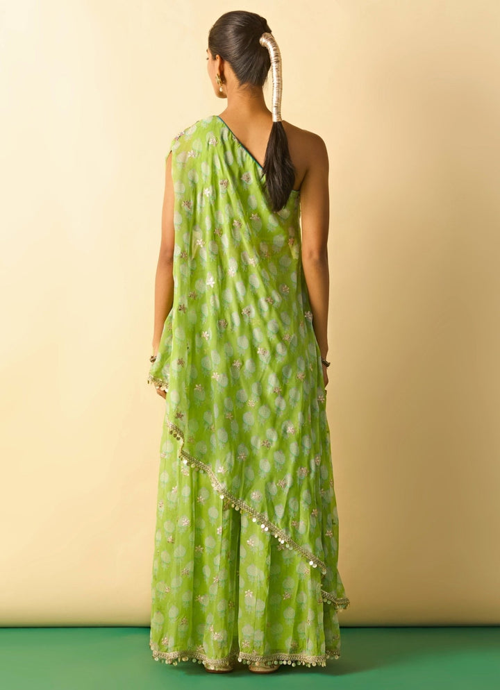 Gopi Vaid Lime Green Printed Georgette One Shoulder Kurta Pants SetFabilicious Fashion