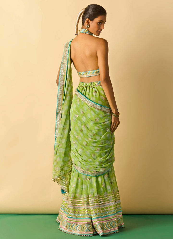 Gopi Vaid Lime Green Printed Georgette Pant Saree SetFabilicious Fashion