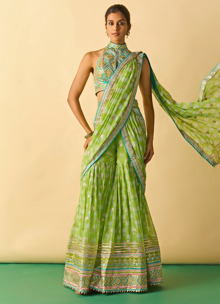 Gopi Vaid Lime Green Printed Georgette Pant Saree SetFabilicious Fashion