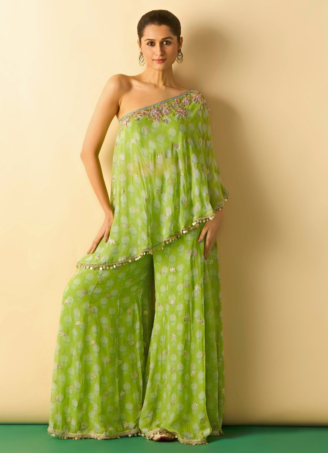 Gopi Vaid Lime Green Printed Georgette Pants Set With One Shoulder TopFabilicious Fashion