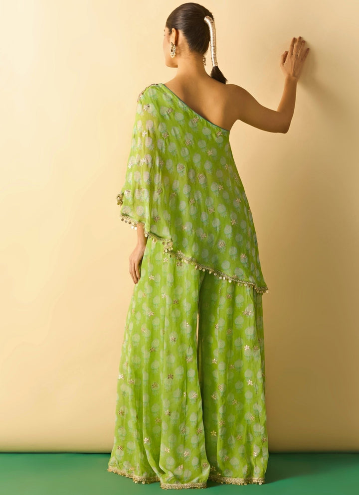 Gopi Vaid Lime Green Printed Georgette Pants Set With One Shoulder TopFabilicious Fashion