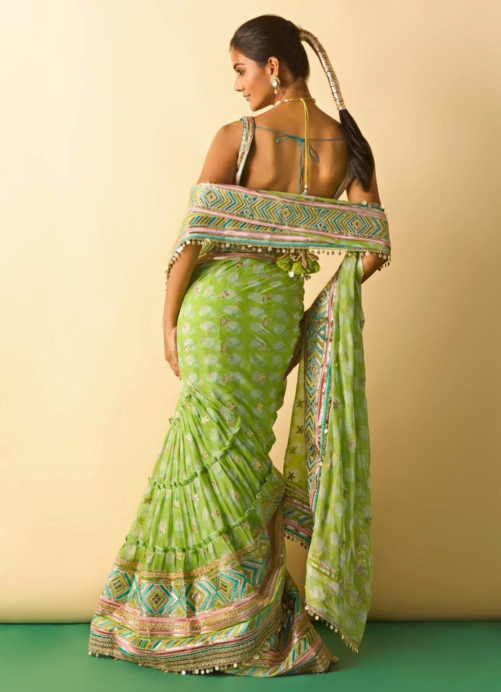 Gopi Vaid Lime Green Printed Georgette Pre-Draped SareeFabilicious Fashion