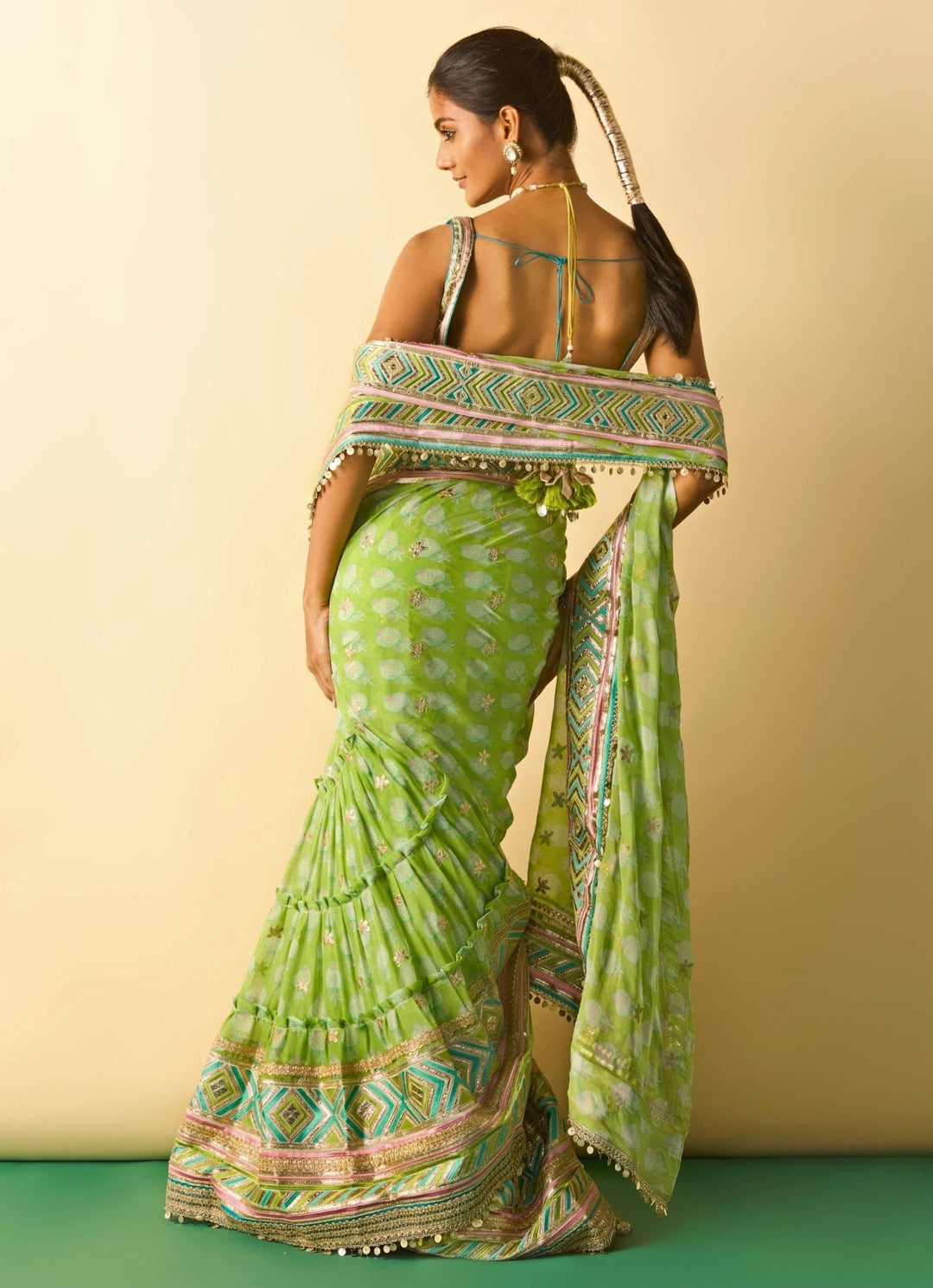 Gopi Vaid Lime Green Printed Georgette Pre-Draped SareeFabilicious Fashion