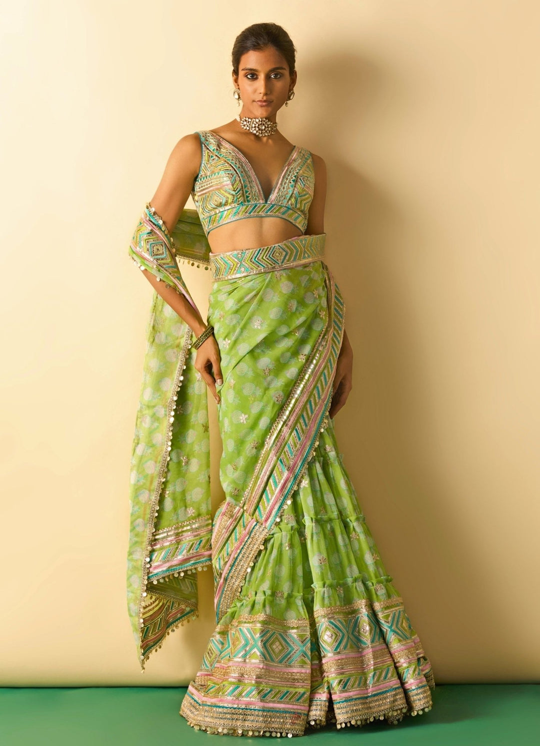 Gopi Vaid Lime Green Printed Georgette Pre-Draped SareeFabilicious Fashion