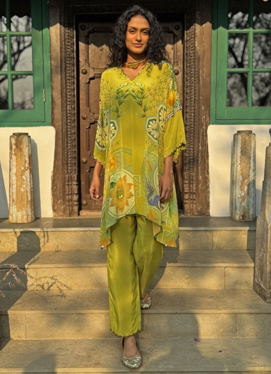 Lime Green Printed Kurta Pant Set Basil Leaf - Fabilicious Fashion