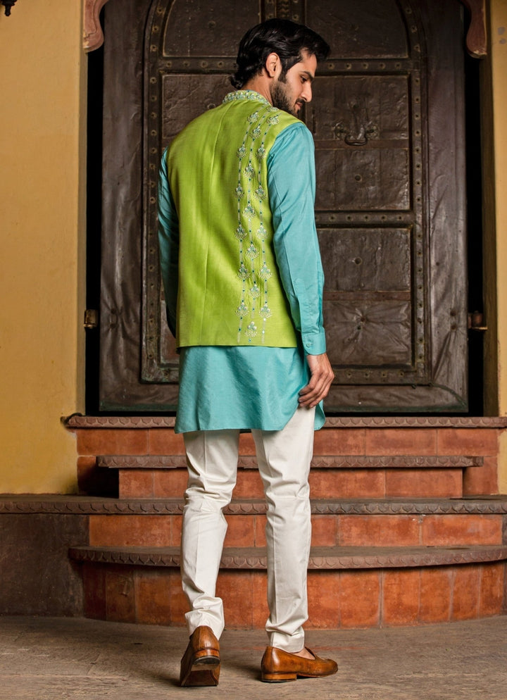 Lime Green Raw Silk Nehru Jacket with Blue Kurta Set Nitika Gujral - Men - Fabilicious Fashion