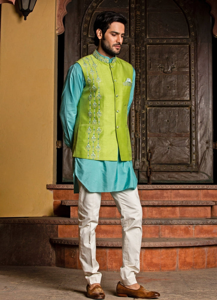 Lime Green Raw Silk Nehru Jacket with Blue Kurta Set Nitika Gujral - Men - Fabilicious Fashion