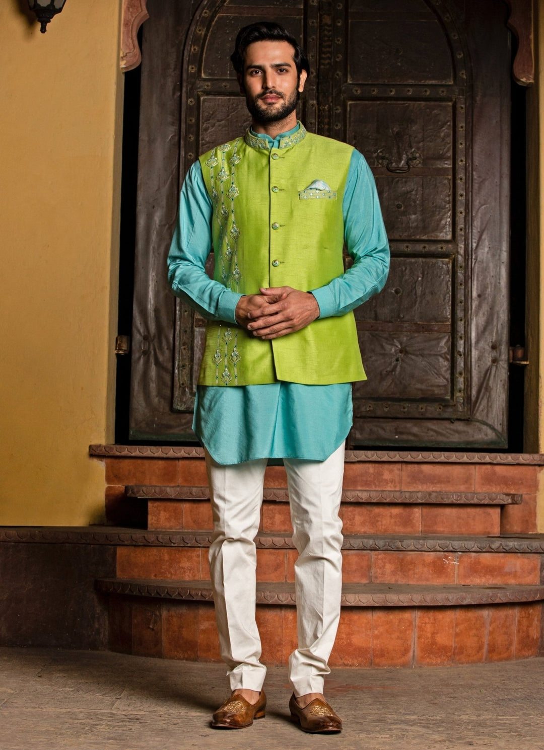Lime Green Raw Silk Nehru Jacket with Blue Kurta Set Nitika Gujral - Men - Fabilicious Fashion