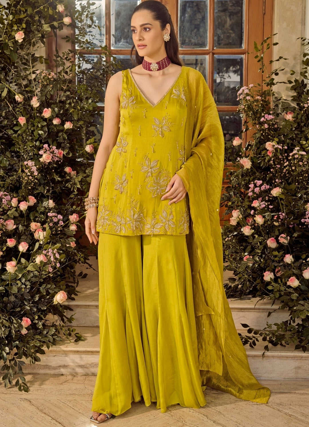 Lime Green Satin Kurta Sharara Set Parul Gandhi - Fabilicious Fashion