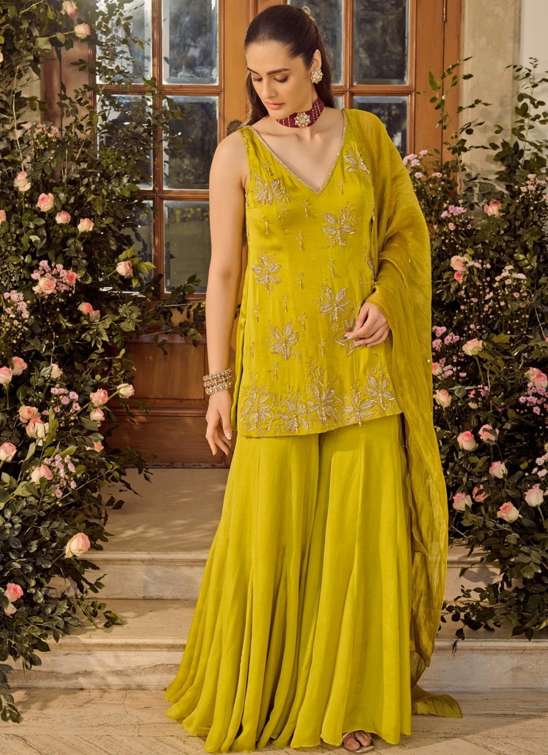 Lime Green Satin Kurta Sharara Set Parul Gandhi - Fabilicious Fashion