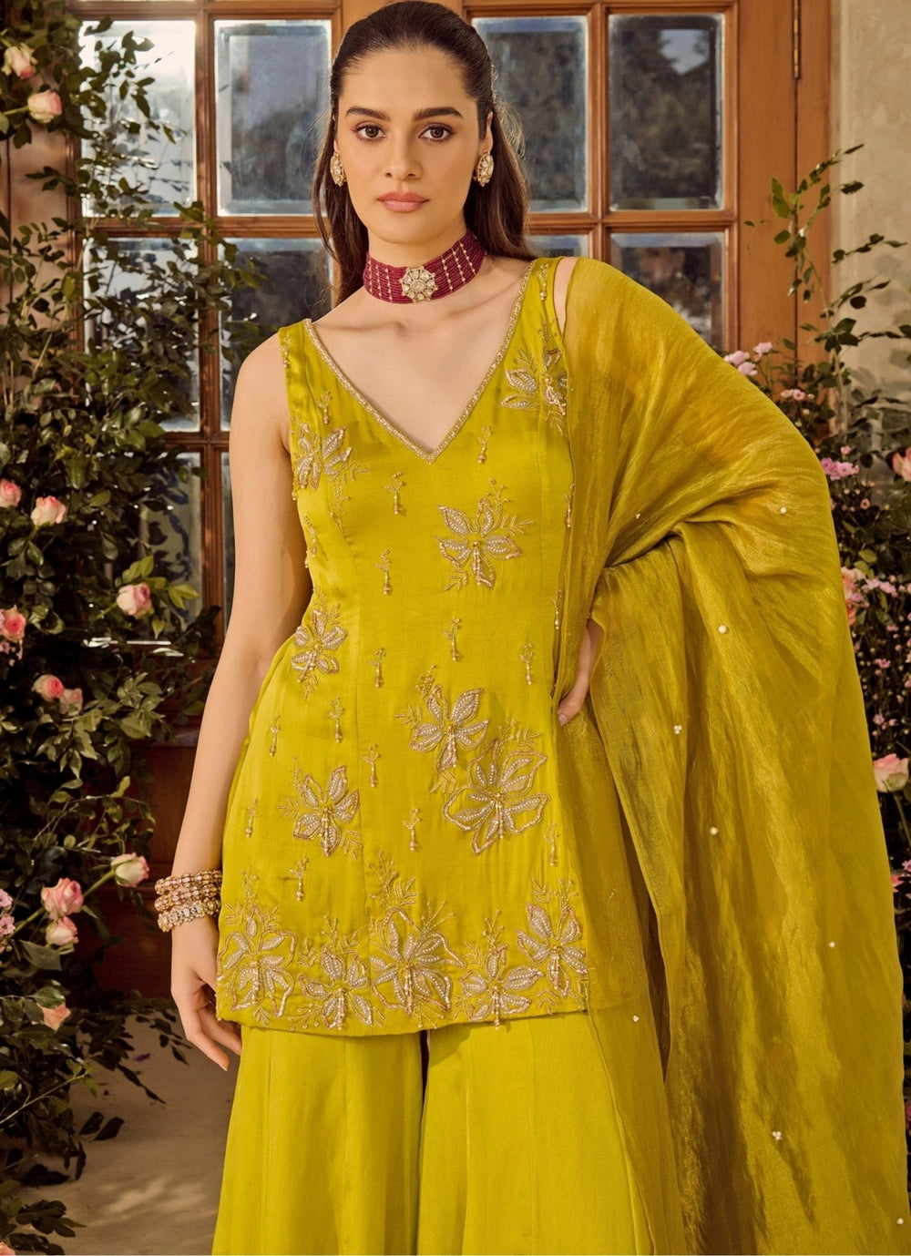 Lime Green Satin Kurta Sharara Set Parul Gandhi - Fabilicious Fashion