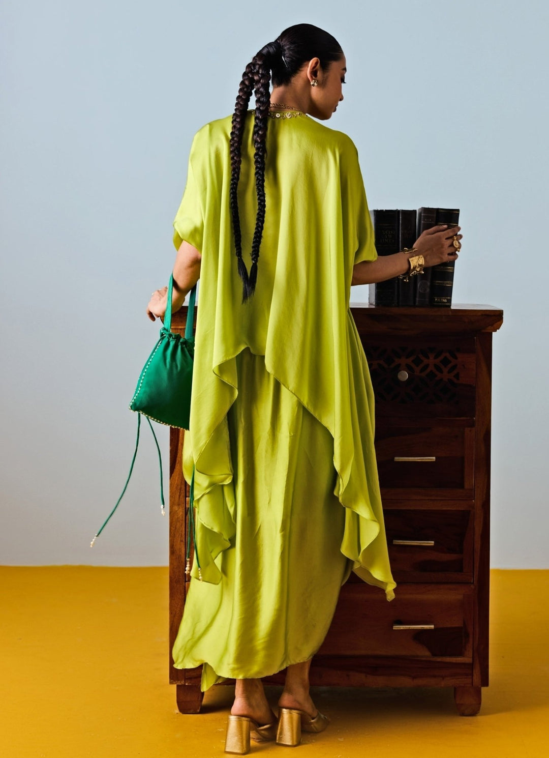 Lime Green Satin Silk Tunic With Drape Skirt Prahnaaya - Fabilicious Fashion