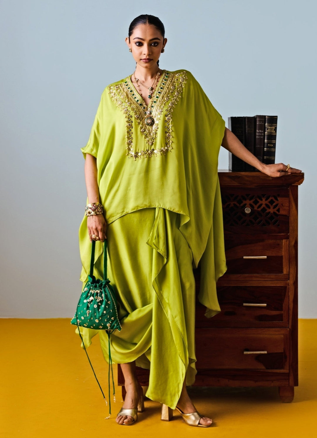 Lime Green Satin Silk Tunic With Drape Skirt Prahnaaya - Fabilicious Fashion
