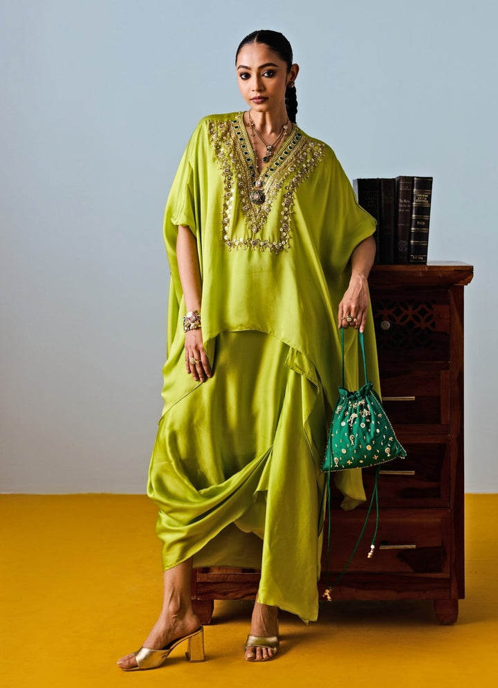 Lime Green Satin Silk Tunic With Drape Skirt Prahnaaya - Fabilicious Fashion