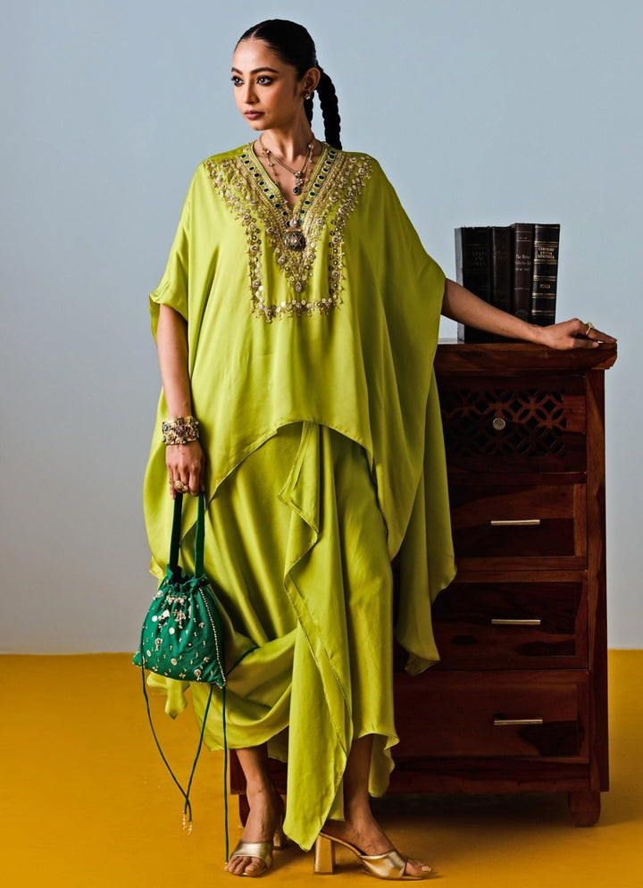 Lime Green Satin Silk Tunic With Drape Skirt Prahnaaya - Fabilicious Fashion