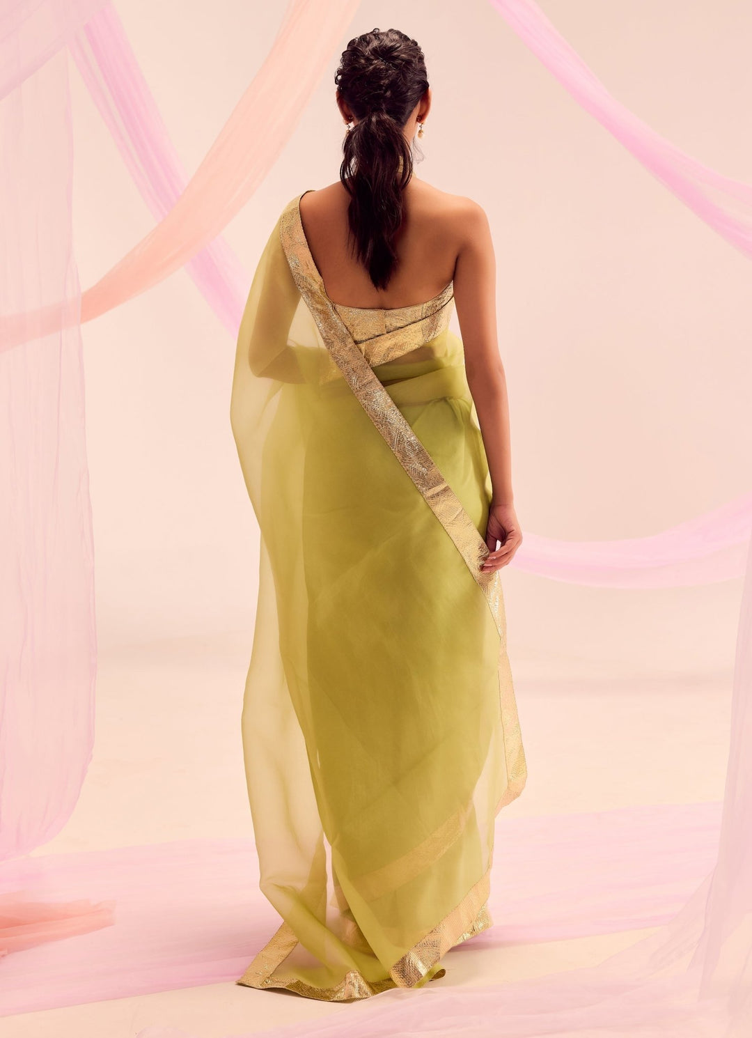 Lime Green Silk And Gold Pure Silk Organza Saree Kapardara - Fabilicious Fashion