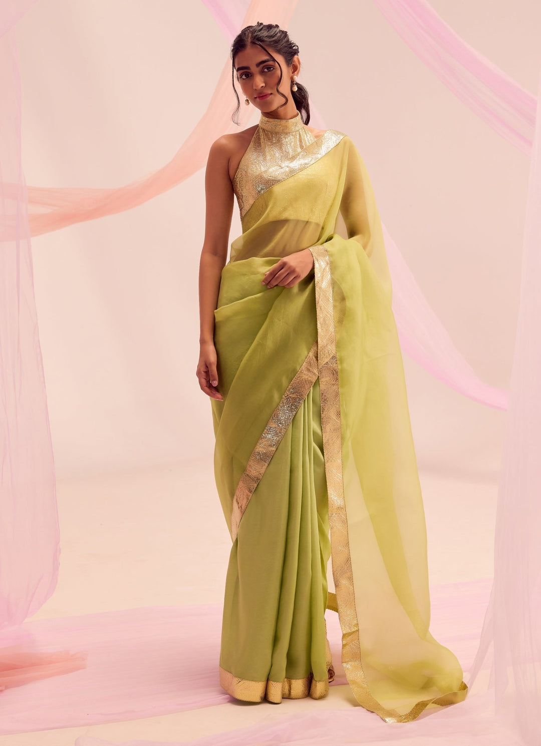 Lime Green Silk And Gold Pure Silk Organza Saree Kapardara - Fabilicious Fashion