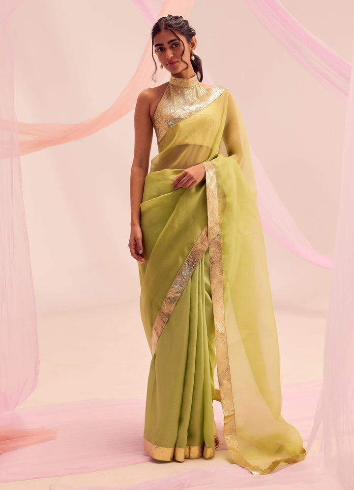 Lime Green Silk And Gold Pure Silk Organza Saree Kapardara - Fabilicious Fashion
