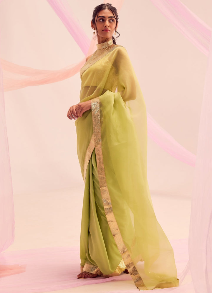 Lime Green Silk And Gold Pure Silk Organza Saree Kapardara - Fabilicious Fashion