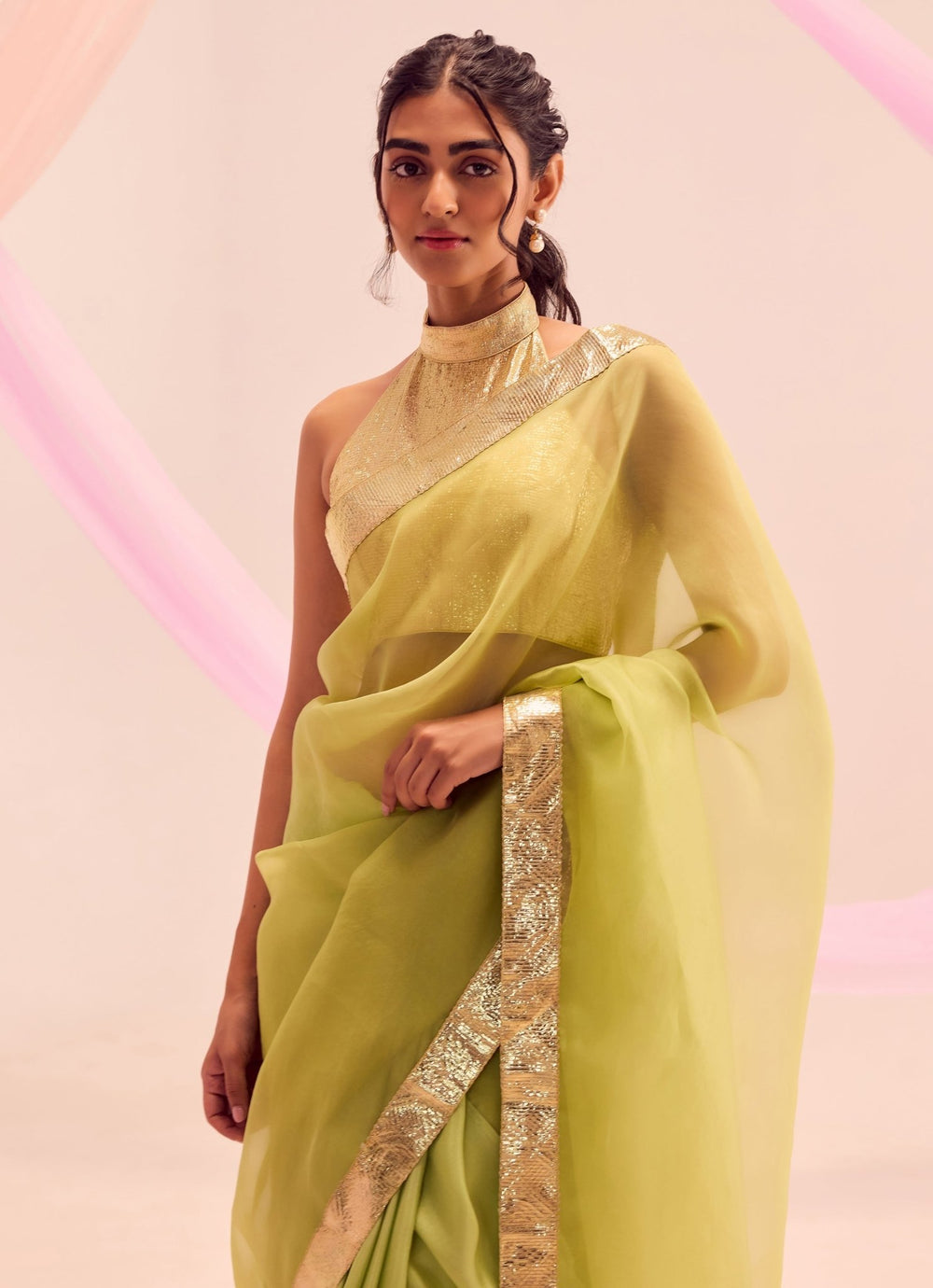 Lime Green Silk And Gold Pure Silk Organza Saree Kapardara - Fabilicious Fashion