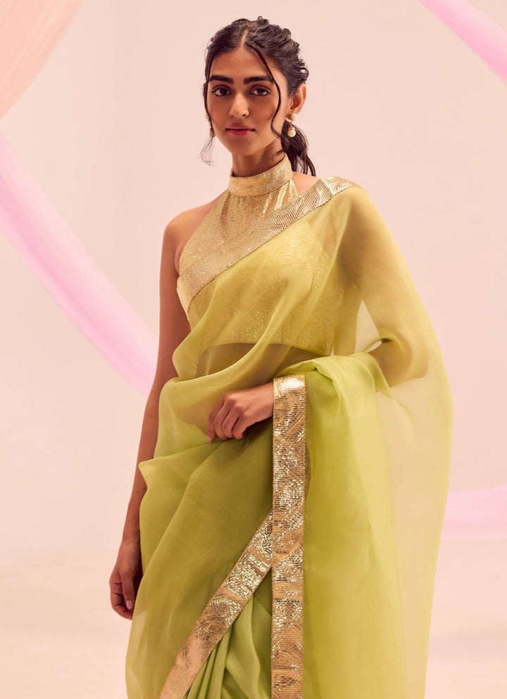 Lime Green Silk And Gold Pure Silk Organza Saree Kapardara - Fabilicious Fashion