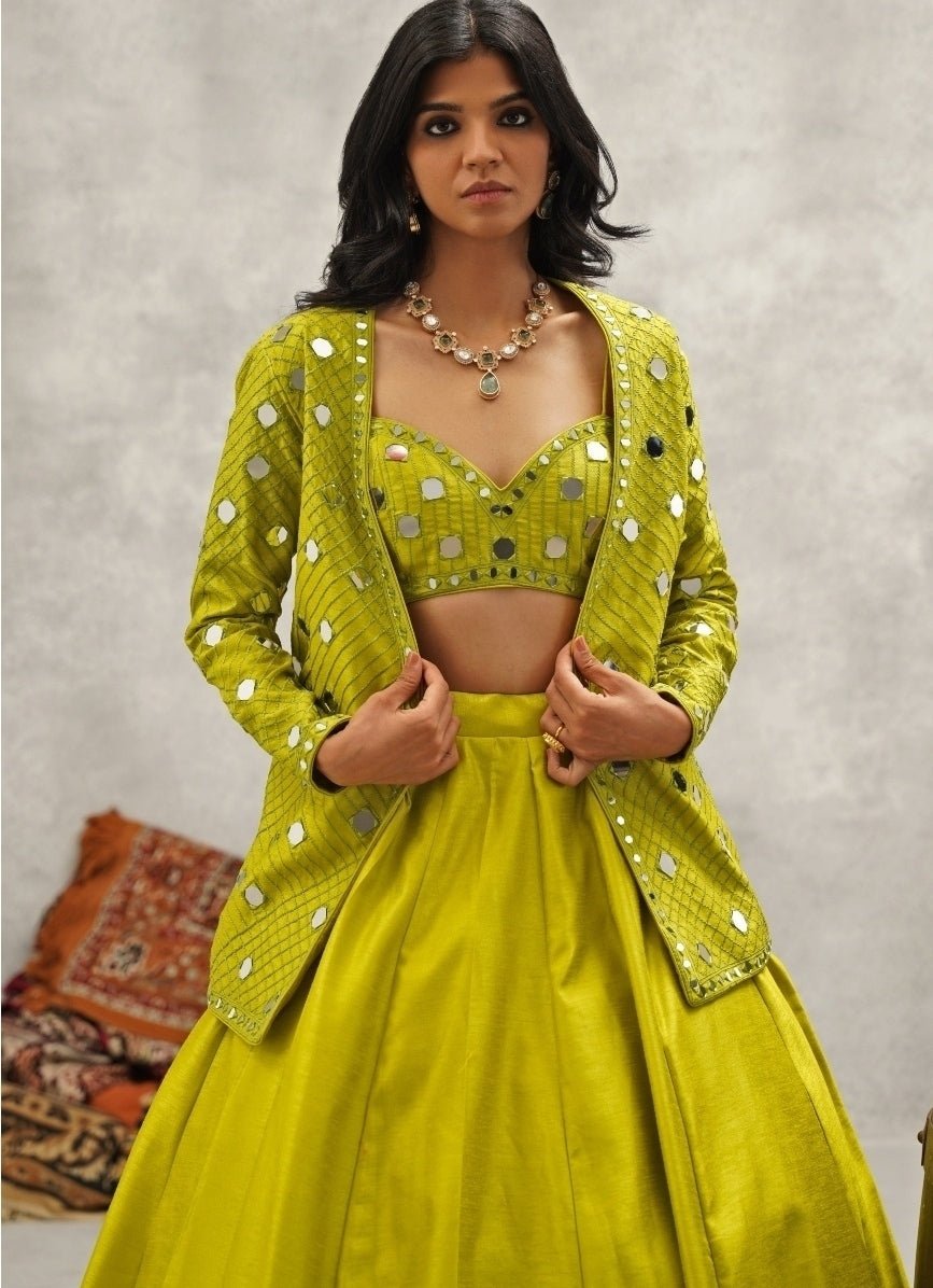 Lime Green Silk Jacket Lehenga Set Kapda Dori - Fabilicious Fashion