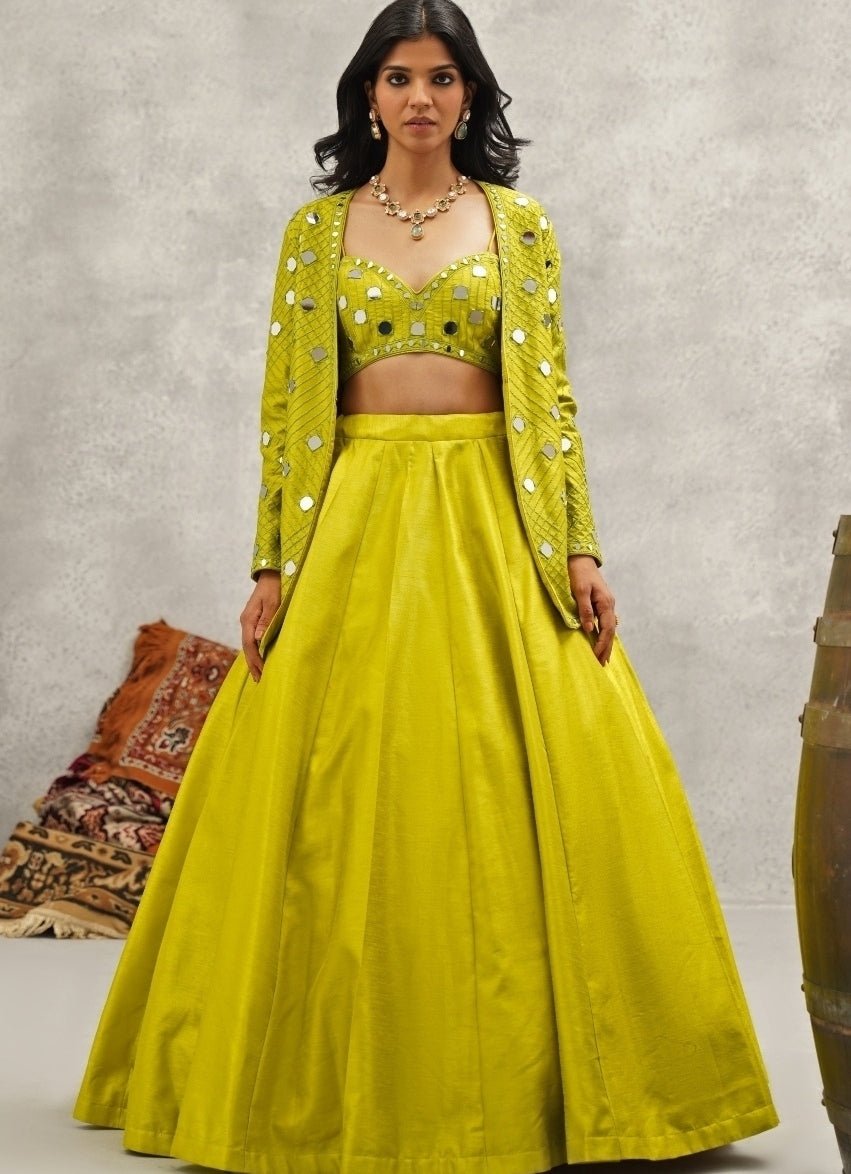 Lime Green Silk Jacket Lehenga Set Kapda Dori - Fabilicious Fashion