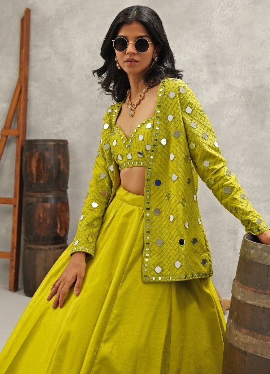 Lime Green Silk Jacket Lehenga Set Kapda Dori - Fabilicious Fashion