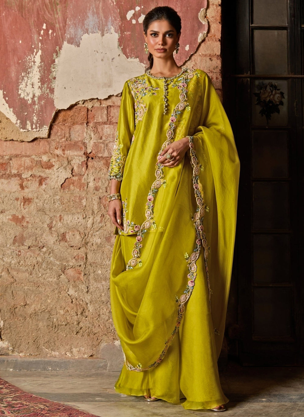 Prisho Lime Green Silk Kurta Sharara SetFabilicious Fashion