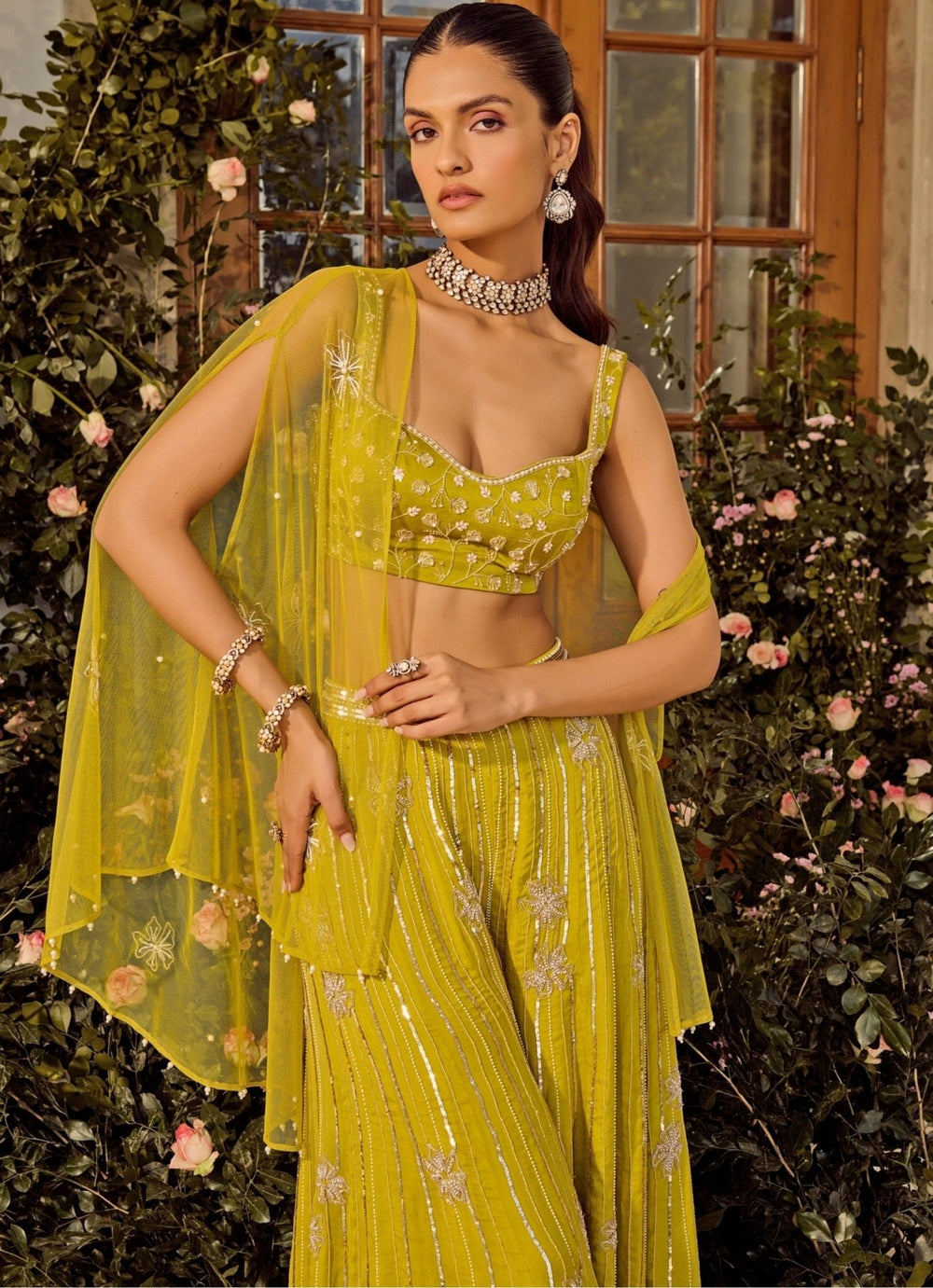 Lime Green Silk Pant Set With Cape Parul Gandhi - Fabilicious Fashion
