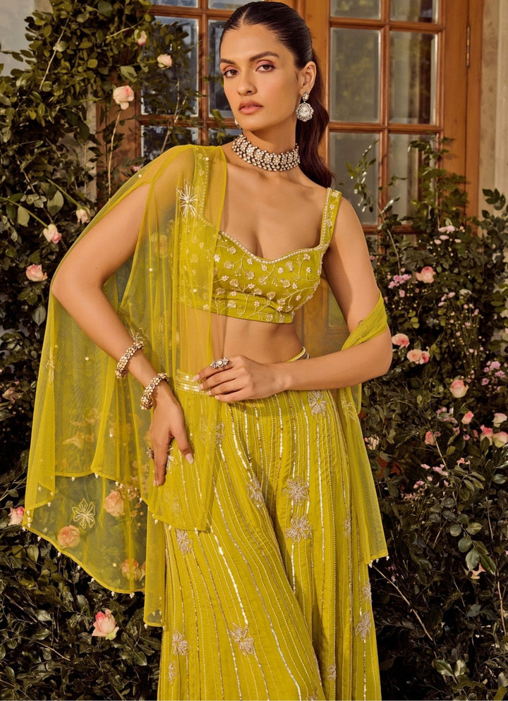 Lime Green Silk Pant Set With Cape Parul Gandhi - Fabilicious Fashion
